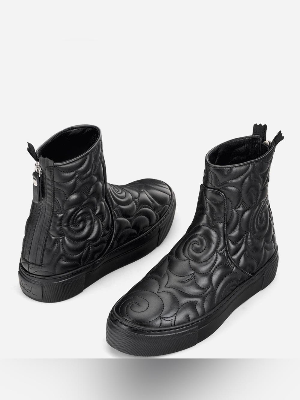 Agl Black Quilted Leather Floral-Embossed Ankle Sneakers
